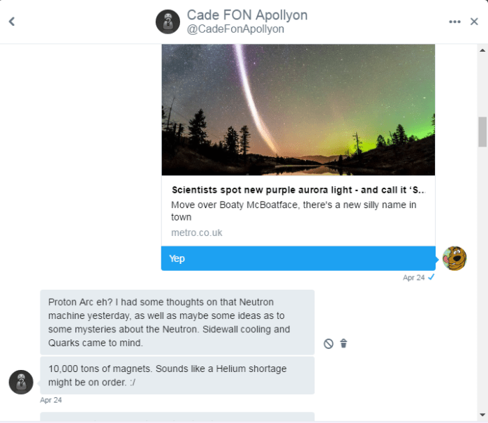 Roobee DMs Cade with a science discovery story