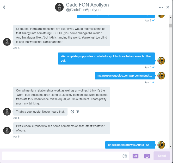 Roobee send Cade her favourite philosophical quote