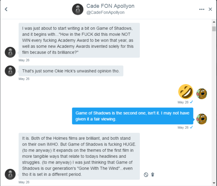 Cade opines about Games of Shadows to Roob