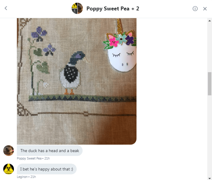 Poppy show cross stitch duck to Roob Cade and Legs 1