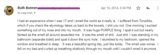 Roob emails Legs of her experience